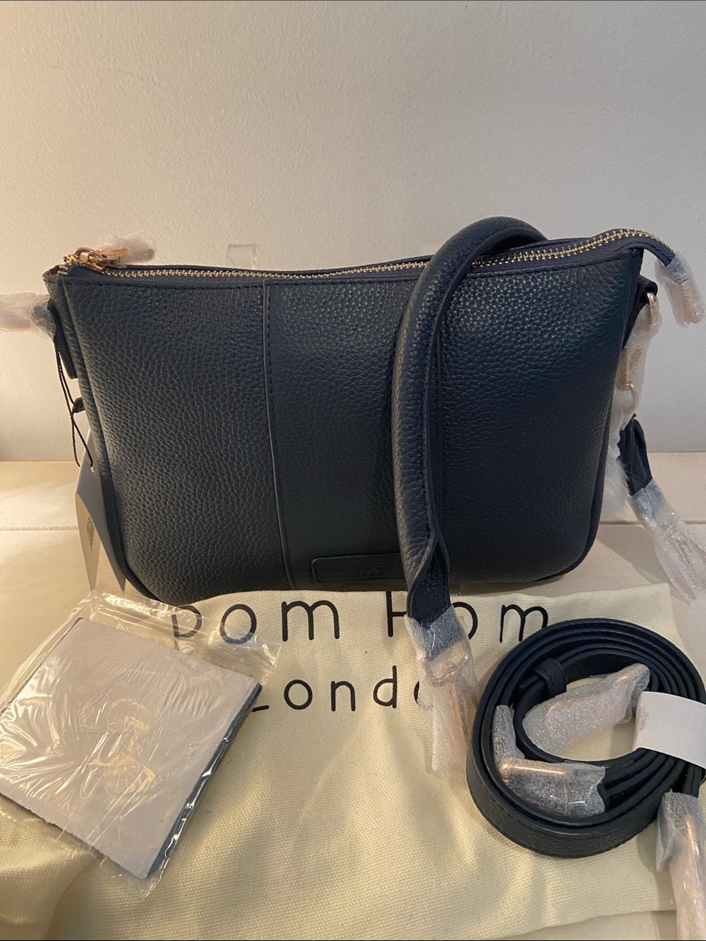 Pom Pom London Leather Crossbody With Shoulder Strap & Card Case Slate Blue NWT